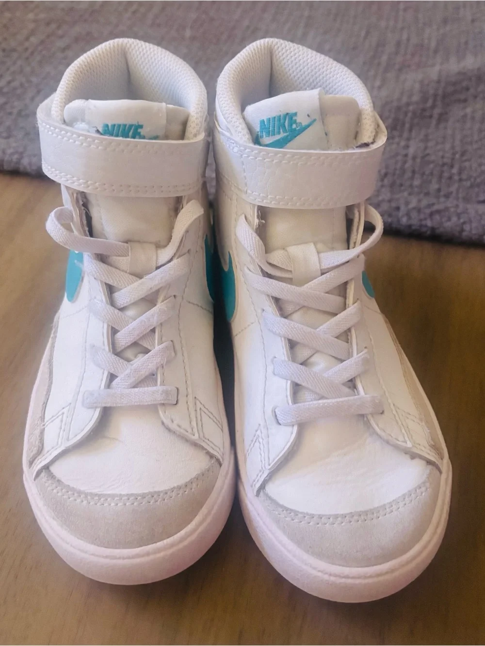 Nike Kids White High-Top Sneakers with Teal Swoosh